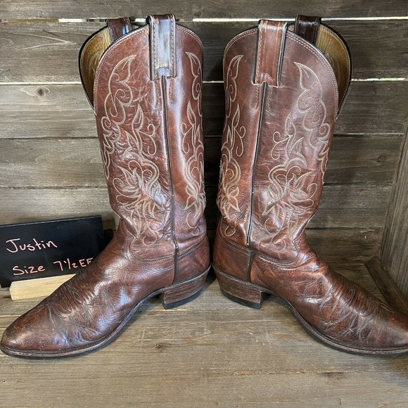 Mens Justin Marbled Leather Round Toe Brown Western Cowboy Boots Size 7.5 EE GUC - Picture 4 of 6